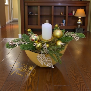 Arany csónak tál  fehér gyertyával, Karácsony, Adventi díszek, Adventi asztaldísz, , MESKA