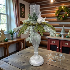 Ezüst talpas gyertyatartó kompozíció (magas) - karácsony - adventi díszek - adventi asztaldísz - Meska.hu