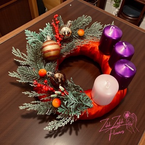 Piros-bordó adventi koszorú lila gyertyákkal - karácsony - adventi díszek - adventi koszorú - Meska.hu