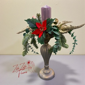 Piros virágos kandeláber asztaldísz gyertyával - karácsony - adventi díszek - adventi asztaldísz - Meska.hu