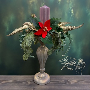 Piros virágos kandeláber asztaldísz gyertyával - karácsony - adventi díszek - adventi asztaldísz - Meska.hu