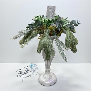 Ezüst gyertyatartós, eukaliptuszos asztaldísz - karácsony - adventi díszek - adventi asztaldísz - Meska.hu