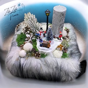 Téli falucskás adventi kompozíció prémperemmel - karácsony - adventi díszek - adventi asztaldísz - Meska.hu