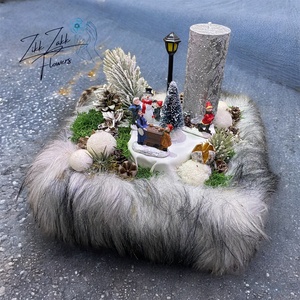 Téli falucskás adventi kompozíció prémperemmel - karácsony - adventi díszek - adventi asztaldísz - Meska.hu