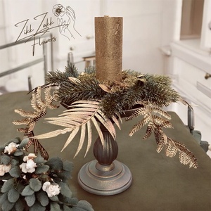 Arany leveles gyertyatartó kompozíció, Karácsony, Adventi díszek, Adventi asztaldísz, , MESKA