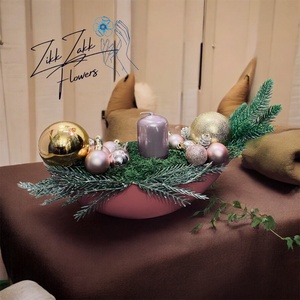 Rózsaszín  tálas gyertyakompozíció - karácsony - adventi díszek - adventi asztaldísz - Meska.hu