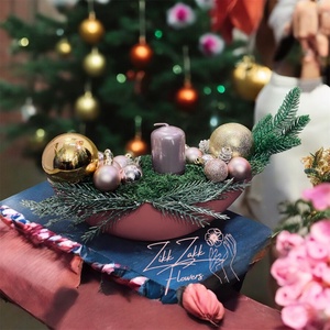 Rózsaszín  tálas gyertyakompozíció - karácsony - adventi díszek - adventi asztaldísz - Meska.hu