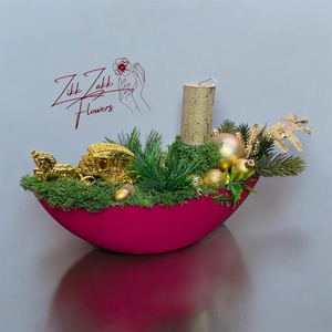 Bordó kaspós karácsonyi kompozíció arany figurával - Meska.hu