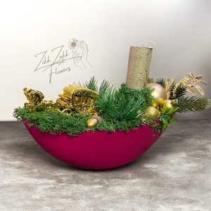 Bordó kaspós karácsonyi kompozíció arany figurával - karácsony - adventi díszek - adventi asztaldísz - Meska.hu