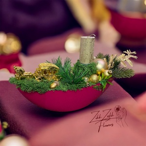 Bordó kaspós karácsonyi kompozíció arany figurával - karácsony - adventi díszek - adventi asztaldísz - Meska.hu