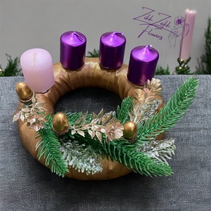 Adventi koszorú  Barna alapon lila és púder gyertyákkal - karácsony - adventi díszek - adventi koszorú - Meska.hu
