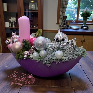 Lila tálas karácsonyi kompozíció � hintó díszítéssel, Karácsony, Karácsonyi lakásdekoráció, Ünnepi asztaldekoráció, , MESKA