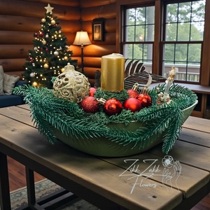 Zöldpiros tálas karácsonyi dísz - karácsony - adventi díszek - adventi asztaldísz - Meska.hu