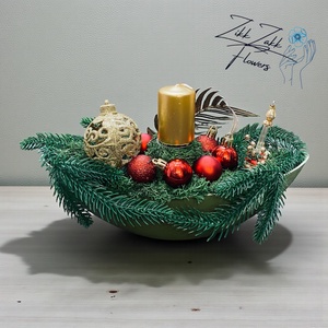 Zöldpiros tálas karácsonyi dísz - karácsony - adventi díszek - adventi asztaldísz - Meska.hu