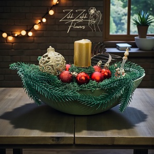 Zöldpiros tálas karácsonyi dísz - karácsony - adventi díszek - adventi asztaldísz - Meska.hu