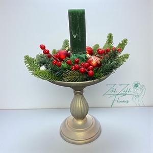 Talpas ezüstzöld gyertyadísz piros bogyókkal - karácsony - adventi díszek - adventi gyertyadíszek és koszorúdíszek - Meska.hu