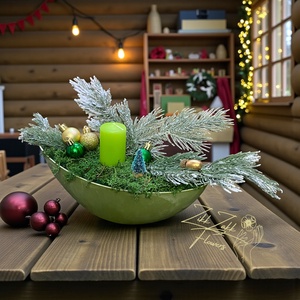 Zöld Hosszúkás Adventi Tál � Lime Gyertyával és Arany Díszekkel - karácsony - adventi díszek - adventi asztaldísz - Meska.hu