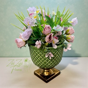 Zöld kaspós tavaszi kompozíció - otthon & életmód - virágdekoráció - virágdíszek - asztali virágdísz - Meska.hu