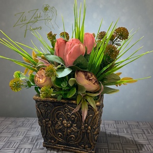 Vintage bronz kaspós rózsa örök virágkompozíció, Ünnepi díszek, dekorációk, Húsvéti díszek és dekorációk, Húsvéti asztaldíszek, , MESKA