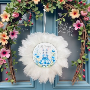 Fehér prémes húsvéti ajtódísz Hello Tavasz nyuszis táblával, Ünnepi díszek, dekorációk, Húsvéti díszek és dekorációk, Húsvéti ajtódísz, kopogtató, , MESKA