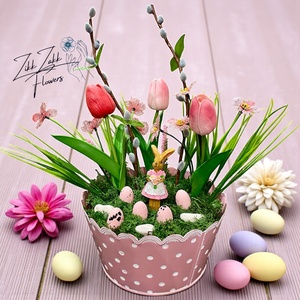 Húsvéti asztaldísz nyuszival és tojásokkal � rózsaszín pöttyös kaspóban, Ünnepi díszek, dekorációk, Húsvéti díszek és dekorációk, Húsvéti asztaldíszek, , MESKA