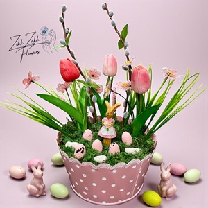 Húsvéti asztaldísz nyuszival és tojásokkal � rózsaszín pöttyös kaspóban - ünnepi díszek, dekorációk - húsvéti díszek és dekorációk - húsvéti asztaldíszek - Meska.hu