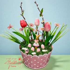 Húsvéti asztaldísz nyuszival és tojásokkal � rózsaszín pöttyös kaspóban - ünnepi díszek, dekorációk - húsvéti díszek és dekorációk - húsvéti asztaldíszek - Meska.hu