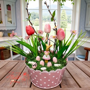 Húsvéti asztaldísz nyuszival és tojásokkal � rózsaszín pöttyös kaspóban - ünnepi díszek, dekorációk - húsvéti díszek és dekorációk - húsvéti asztaldíszek - Meska.hu