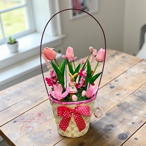 Húsvéti Nyuszis Virágkompozíció � Rózsaszín Díszkosárban - ünnepi díszek, dekorációk - húsvéti díszek és dekorációk - húsvéti asztaldíszek - Meska.hu