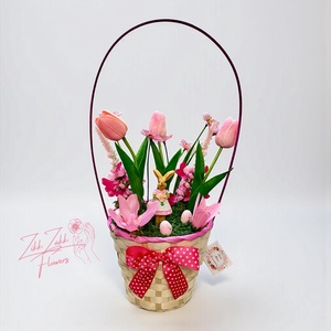 Húsvéti Nyuszis Virágkompozíció � Rózsaszín Díszkosárban - ünnepi díszek, dekorációk - húsvéti díszek és dekorációk - húsvéti asztaldíszek - Meska.hu