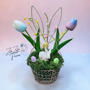Nyuszis Húsvéti Asztaldísz Tulipánokkal - ünnepi díszek, dekorációk - húsvéti díszek és dekorációk - húsvéti asztaldíszek - Meska.hu