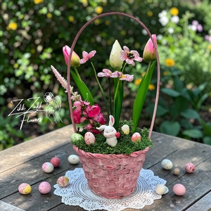 Rózsaszín Húsvéti Kosár � Nyuszis Virágkompozíció, Ünnepi díszek, dekorációk, Húsvéti díszek és dekorációk, Húsvéti asztaldíszek, , MESKA