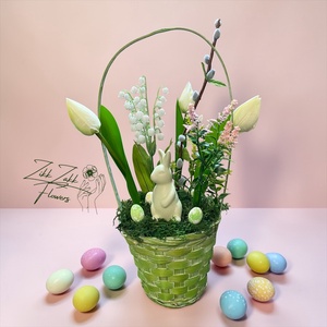Zöld Húsvéti Kosár � Tavaszi Virágkompozíció - ünnepi díszek, dekorációk - húsvéti díszek és dekorációk - húsvéti asztaldíszek - Meska.hu