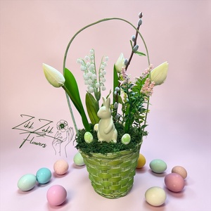 Zöld Húsvéti Kosár � Tavaszi Virágkompozíció - ünnepi díszek, dekorációk - húsvéti díszek és dekorációk - húsvéti asztaldíszek - Meska.hu