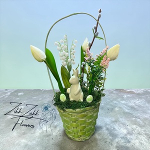 Zöld Húsvéti Kosár � Tavaszi Virágkompozíció - ünnepi díszek, dekorációk - húsvéti díszek és dekorációk - húsvéti asztaldíszek - Meska.hu