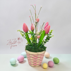 Rózsaszín Tulipános Húsvéti Kosár - ünnepi díszek, dekorációk - húsvéti díszek és dekorációk - húsvéti asztaldíszek - Meska.hu