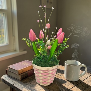 Rózsaszín Tulipános Húsvéti Kosár - ünnepi díszek, dekorációk - húsvéti díszek és dekorációk - húsvéti asztaldíszek - Meska.hu