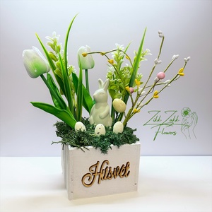 Húsvéti Tulipános Virágkompozíció Fa Dobozban - ünnepi díszek, dekorációk - húsvéti díszek és dekorációk - húsvéti asztaldíszek - Meska.hu