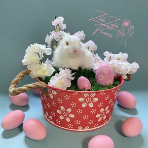 Húsvéti Nyuszis Virágkompozíció Dekor Kosárban - ünnepi díszek, dekorációk - húsvéti díszek és dekorációk - húsvéti asztaldíszek - Meska.hu
