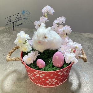 Húsvéti Nyuszis Virágkompozíció Dekor Kosárban - ünnepi díszek, dekorációk - húsvéti díszek és dekorációk - húsvéti asztaldíszek - Meska.hu