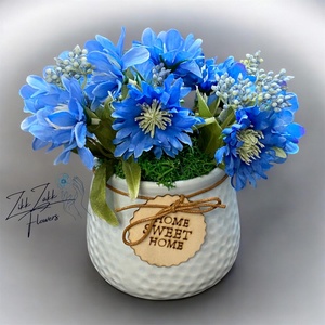 Kék virág kompozíció HOME kaspóban - otthon & életmód - dekoráció - asztal és polc dekoráció - asztaldísz - Meska.hu