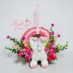 Húsvéti ajtódísz nyuszival � élénk rózsaszín virágos, Ünnepi díszek, dekorációk, Húsvéti díszek és dekorációk, Húsvéti ajtódísz, kopogtató, , MESKA