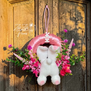 Húsvéti ajtódísz nyuszival � élénk rózsaszín virágos - ünnepi díszek, dekorációk - húsvéti díszek és dekorációk - húsvéti ajtódísz, kopogtató - Meska.hu