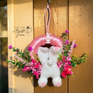 Húsvéti ajtódísz nyuszival � élénk rózsaszín virágos - ünnepi díszek, dekorációk - húsvéti díszek és dekorációk - húsvéti ajtódísz, kopogtató - Meska.hu