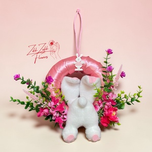 Húsvéti ajtódísz nyuszival � élénk rózsaszín virágos - ünnepi díszek, dekorációk - húsvéti díszek és dekorációk - húsvéti ajtódísz, kopogtató - Meska.hu