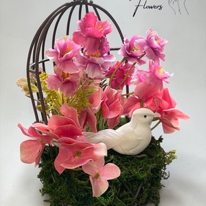 Madaras virágkompozíció kalitkában � rózsaszín örök virágokkal - Meska.hu