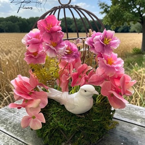 Madaras virágkompozíció kalitkában � rózsaszín örök virágokkal - otthon & életmód - dekoráció - asztal és polc dekoráció - asztaldísz - Meska.hu