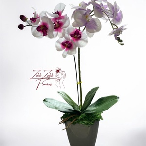 Örök pink-fehér orchidea kompozíció szürke kaspóban - otthon & életmód - dekoráció - asztal és polc dekoráció - asztaldísz - Meska.hu