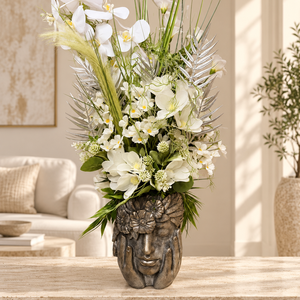 FEHÉR ORCHIDEÁS ÖRÖK VIRÁGKOMPOZÍCIÓ ANTIKOLT NŐI FEJ KASPÓBAN � 80 � 35 CM - otthon & életmód - dekoráció - asztal és polc dekoráció - asztaldísz - Meska.hu