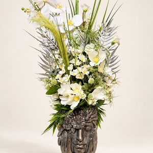 FEHÉR ORCHIDEÁS ÖRÖK VIRÁGKOMPOZÍCIÓ ANTIKOLT NŐI FEJ KASPÓBAN � 80 � 35 CM - otthon & életmód - dekoráció - asztal és polc dekoráció - asztaldísz - Meska.hu